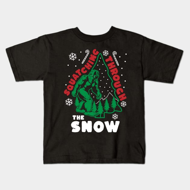 Bigfoot Squatching Through The Snow Christmas Tree Sasquatch Kids T-Shirt by OrangeMonkeyArt